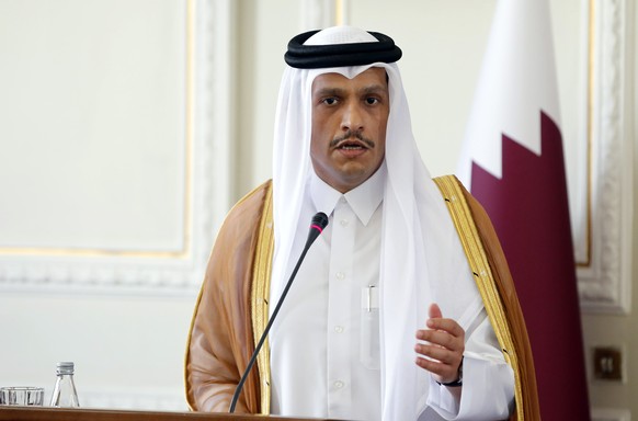 epa10054737 Qatar foreign minister Sheikh Mohammed bin Abdulrahman Al-Thani speaks during a joint press conference with his Iranian counterpart in Tehran, Iran, 06 July 2022. Abdulrahman Al-Thani is i ...