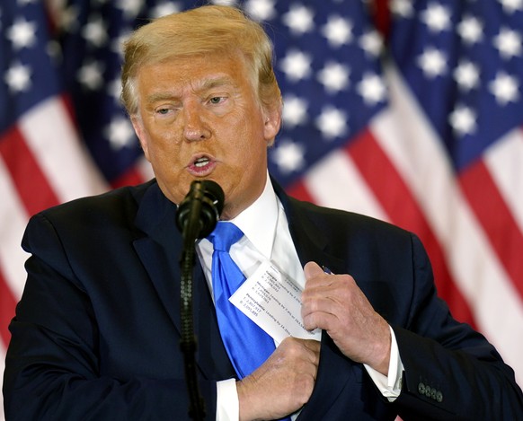 epa08821908 (FILE) - US President Donald J. Trump speaks on the election night at an event at the White House in Washington, DC, USA, 04 November 2020 (15 November 2020). President Donald Trump has fi ...