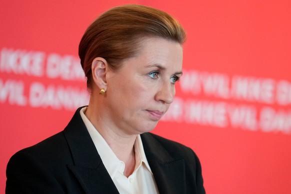 Denmark's Prime Minister Mette Frederiksen presents the Social Democrats' immigration proposal in the party's meeting room at Christiansborg in Copenhagen, Tuesday, March 10, 2026. (Lis ...