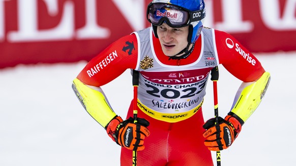 Marco Odermatt of Switzerland reacts in the finish area during the second run of the men&#039;s Giant Slalom race at the 2025 FIS Alpine World Ski Championships, in Saalbach-Hinterglemm, Austria, Frid ...
