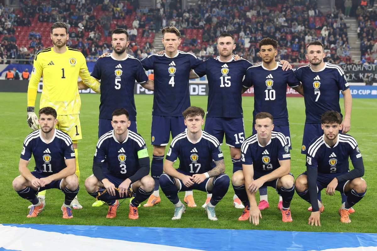 FILE - Scotland players pose for a team photo ahead of the World Cup 2026 group C qualifying soccer match between Greece and Scotland, in Piraeus port, near Athens, Greece, Saturday, Nov. 15, 2025. (A ...