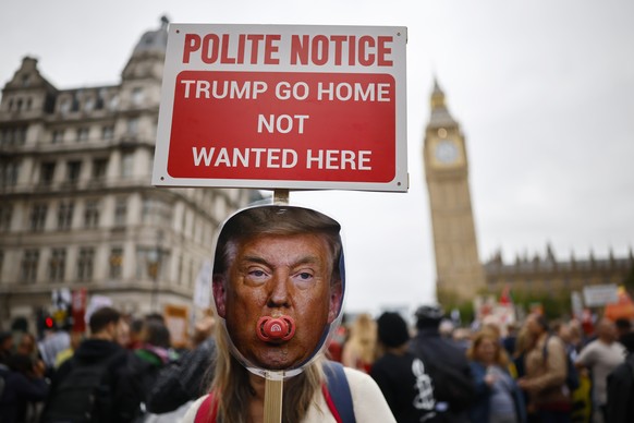 epaselect epa12385192 A placard during a &#039;Stop Trump Coalition&#039; mass demonstration against the state visit to the UK by US President Donald J Trump in London, Britain, 17 September 2025. The ...