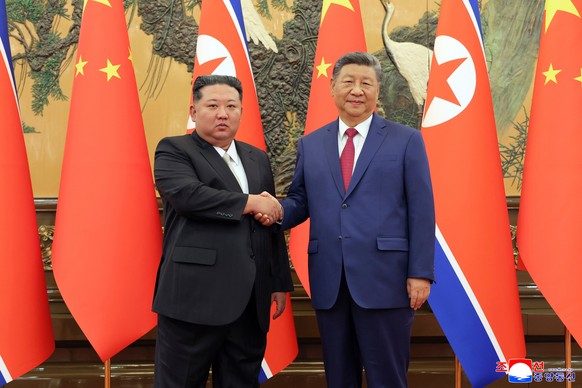 In this photo provided by the North Korean government, North Korean leader Kim Jong Un, left, and Chinese President Xi Jinping shake hands prior to their meeting at the Great Hall of the People in Bei ...