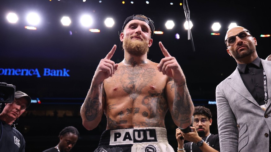 Boxing: Jake Paul vs Nate Diaz Aug 5, 2023 Dallas, Texas, USA Jake Paul reacts after the win against Nate Diaz in a boxing match at American Airlines Center. Dallas American Airlines Center Texas USA, ...