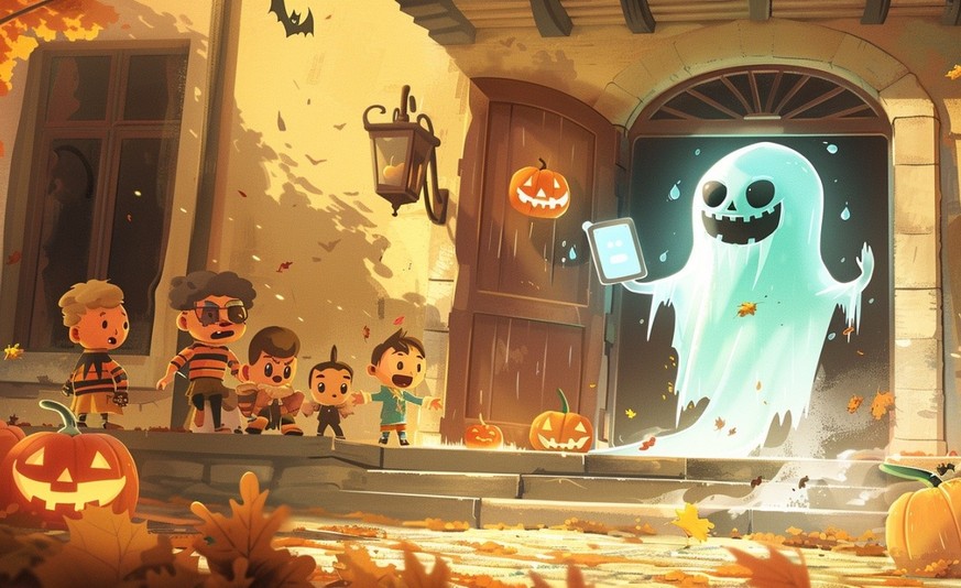 Children’s book illustration showing a spooky-funny Halloween scene in a Swiss neighborhood. 
A glowing ghostly referee-like figure, representing the VAR, bursts out of a small house door holding a br ...