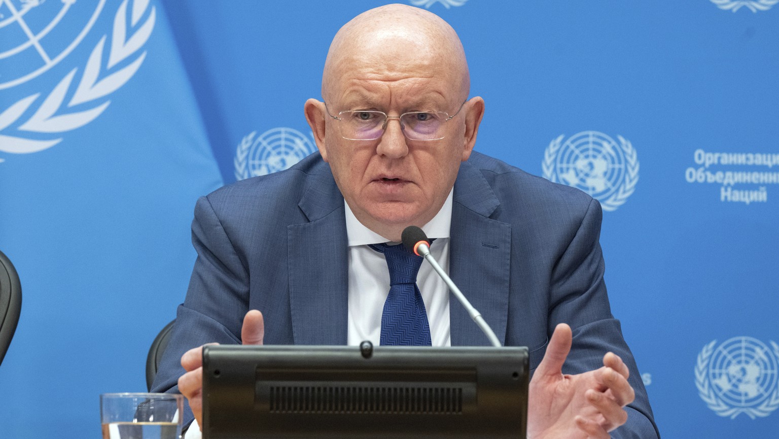 In this photo provided by the United Nations, Ambassador Vassily Nebenzia, Permanent Representative of the Russian Federation, and President of the Security Council for the month of July, briefs repor ...