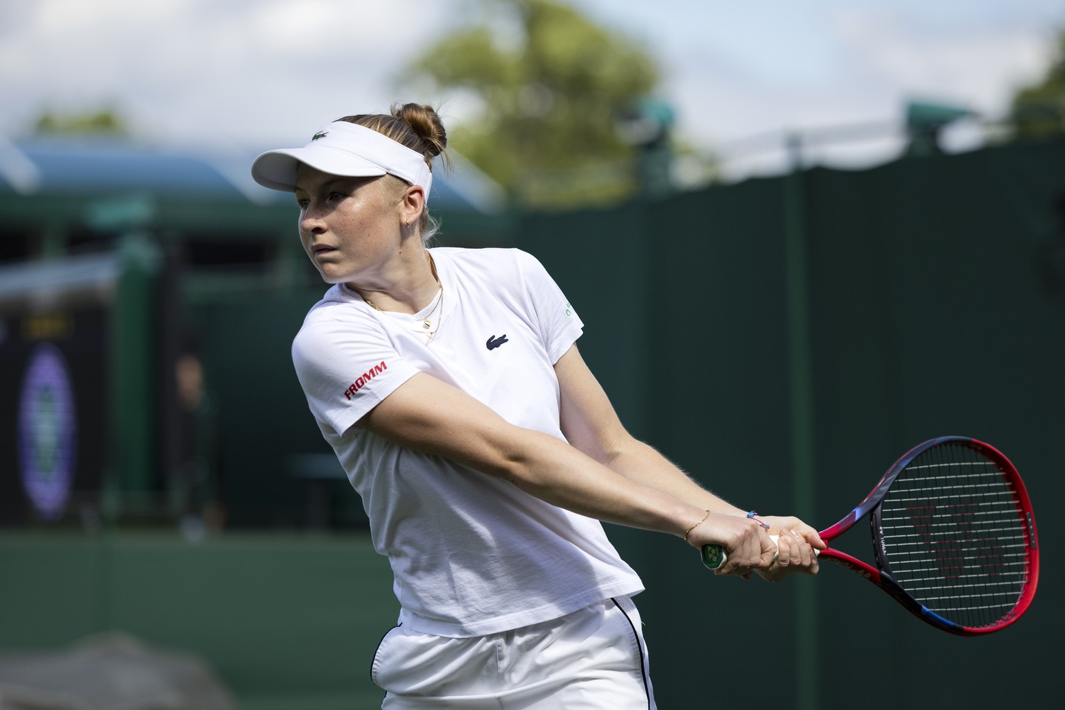 Celine Naef of Switzerland in action during a training session the All England Lawn Tennis Championships in Wimbledon, London, Saturday, July 1, 2023. The Wimbledon Tennis Championships 2023 will be h ...
