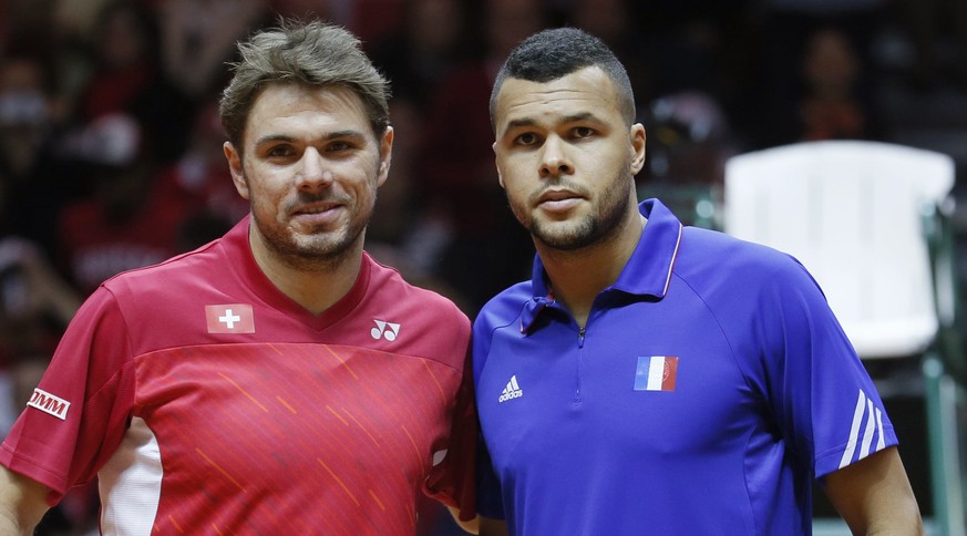 Wawrinka und Tsonga vor ihrem bislang letzten Duell, im Davis-Cup-Final 2014.