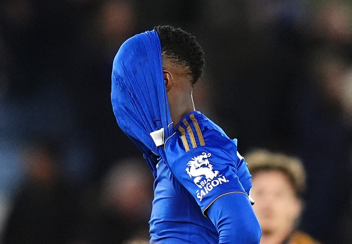 Leicester City's Patson Daka reacts after the English Championship soccer match against Hull City in Leicester, England, Tuesday April 21, 2026. (Jacob King/PA via AP)
Britain Championship Soccer
