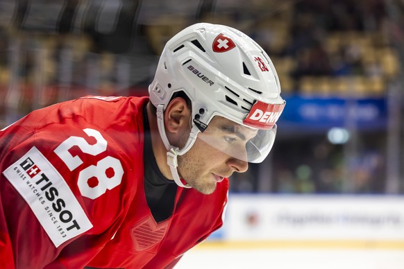 Switzerland&#039;s forward Timo Meier reacts, during the IIHF 2025 World Championship preliminary round group B game between Switzerland and Kazakhstan, at the Jyske Bank Boxen, in Herning, Denmark, T ...