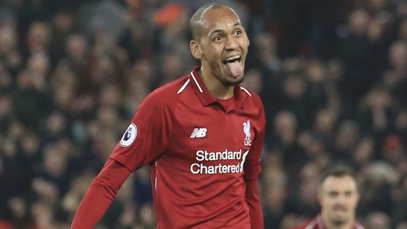 Liverpool's Fabinho celebrates after scoring his side's fourth goal during the English Premier League soccer match between Liverpool and Newcastle at Anfield Stadium, Liverpool, England, Wed ...