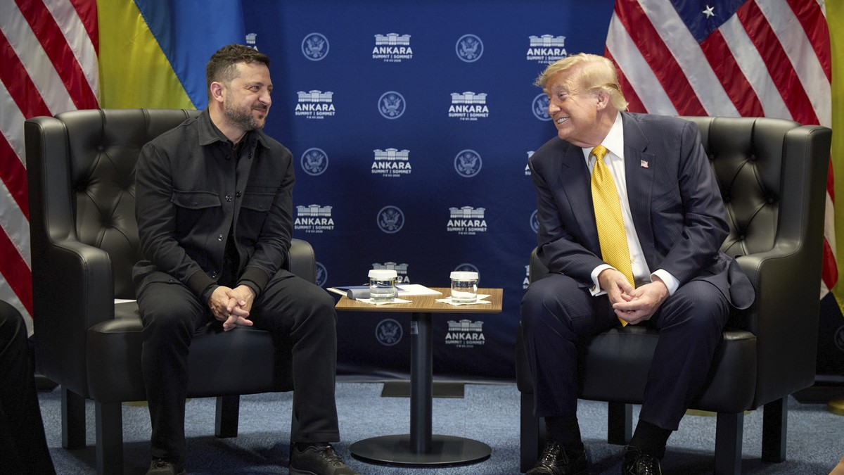 epa13098346 A handout photo made available by the Presidential Press Service shows Ukrainian President Volodymyr Zelensky (L) meeting with US President Donald Trump (R) on the sidelines of the 2026 NA ...