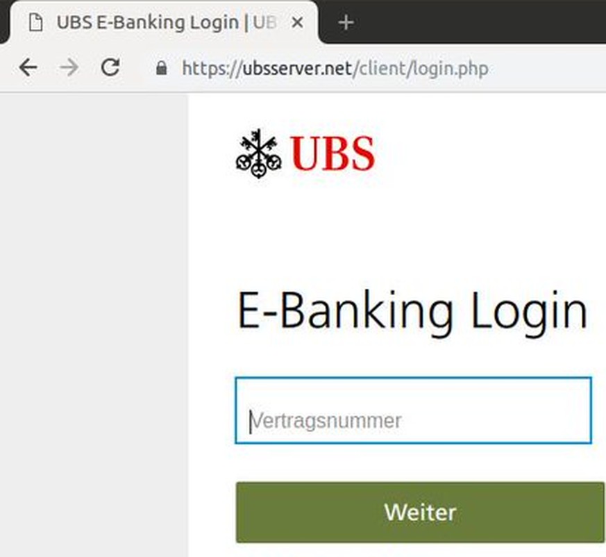 Die Fake-Seite hat ein Sicherheitszertifikat, aber die Adresse https://ubsserver[.]net stimmt nicht mit der Original-URL der UBS überein.