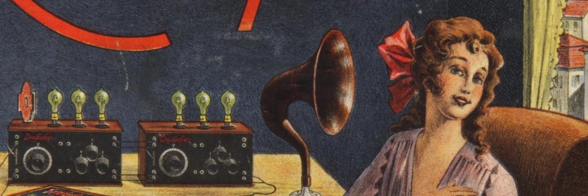 Abbildung auf der Schachtel des Röhrenradios «Radiofee II» zum Selbstbau, 1923.