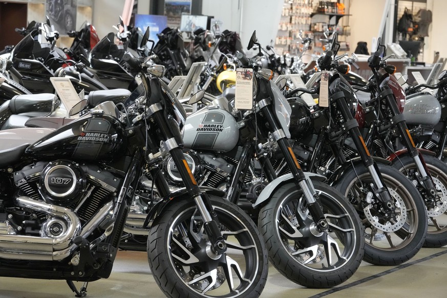 American Harley Davidson motorbikes are seen at the shop of a retailer in Duesseldorf, Germany, Wednesday, March 12, 2025. (AP Photo/Martin Meissner)
Germany US Tariffs