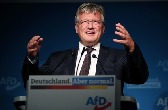 epa09490021 Alternative for Germany party (AfD) co-chairman Joerg Meuthen speaks during the Alternative for Germany (AfD) election event in Berlin, Germany, 26 September 2021. About 60 million Germans ...