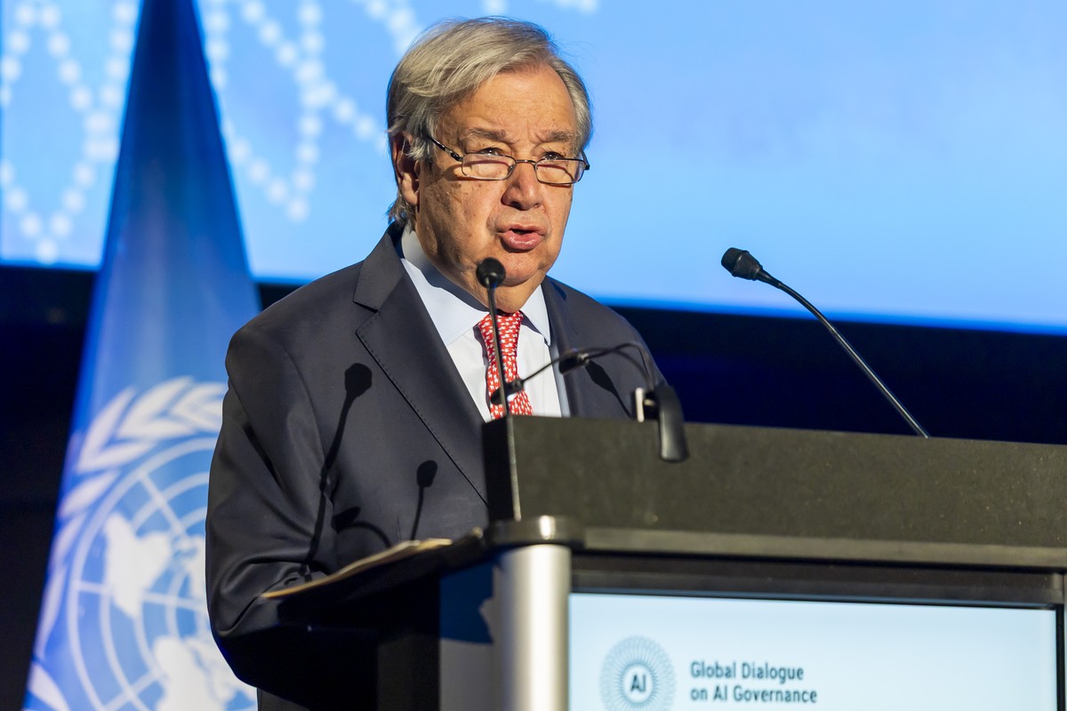 U.N. Secretary-General Antonio Guterres adresses his statement, during the opening ceremony of the Global Dialogue on AI Governance, at the Palexpo, in Geneva, Switzerland, Monday, July 6, 2026. (KEYS ...