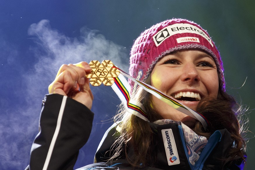 Gold medalist Wendy Holdener of Switzerland celebrates during the women alpine combined winner’s presentation at the 2017 FIS Alpine Skiing World Championships in St. Moritz, Switzerland, Friday, Febr ...