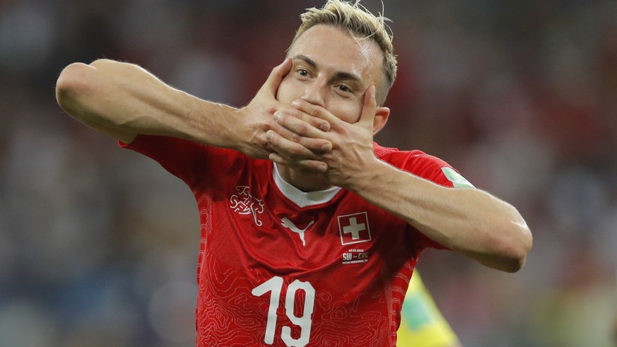 Switzerland&#039;s Josip Drmic celebrates after scoring his side&#039;s second goal during the group E match between Switzerland and Costa Rica at the 2018 soccer World Cup in the Nizhny Novgorod Stad ...