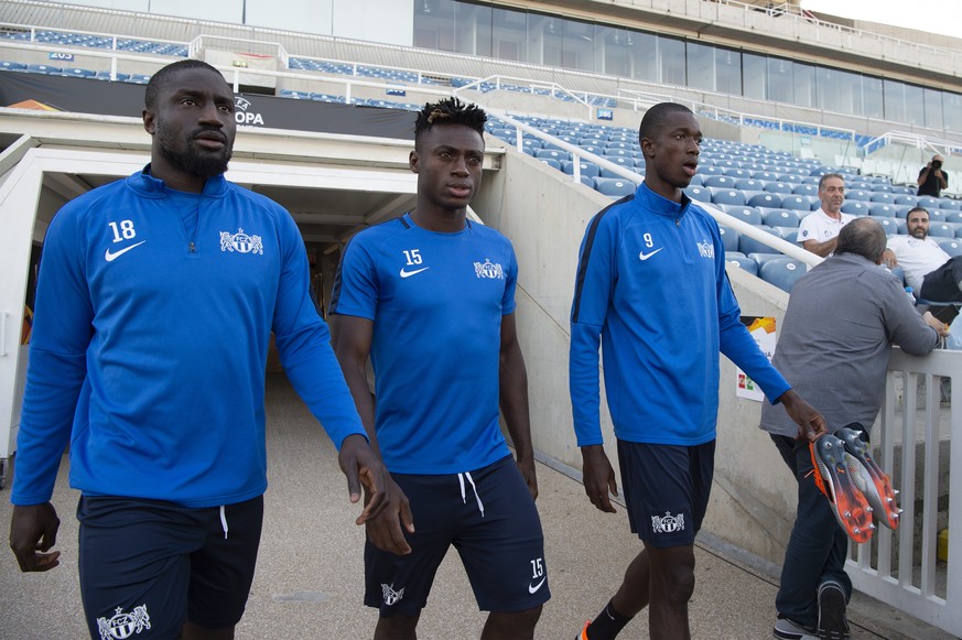 Zuerich`s Pa Modou, Stephen Odey and Assan Ceesay during the training session the day before the UEFA Europa League match between AEK Larnaca FC and Switzerland&#039;s FC Zuerich, at the Neo GSP stadi ...