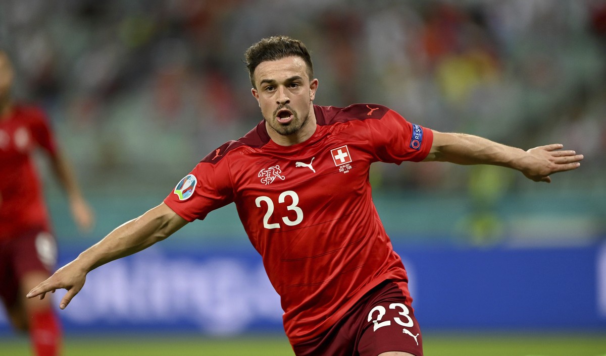 Switzerland's Xherdan Shaqiri celebrates scoring his side's third goal during the Euro 2020 soccer championship group A match between Switzerland and Turkey at the Baku Olympic Stadium in Ba ...