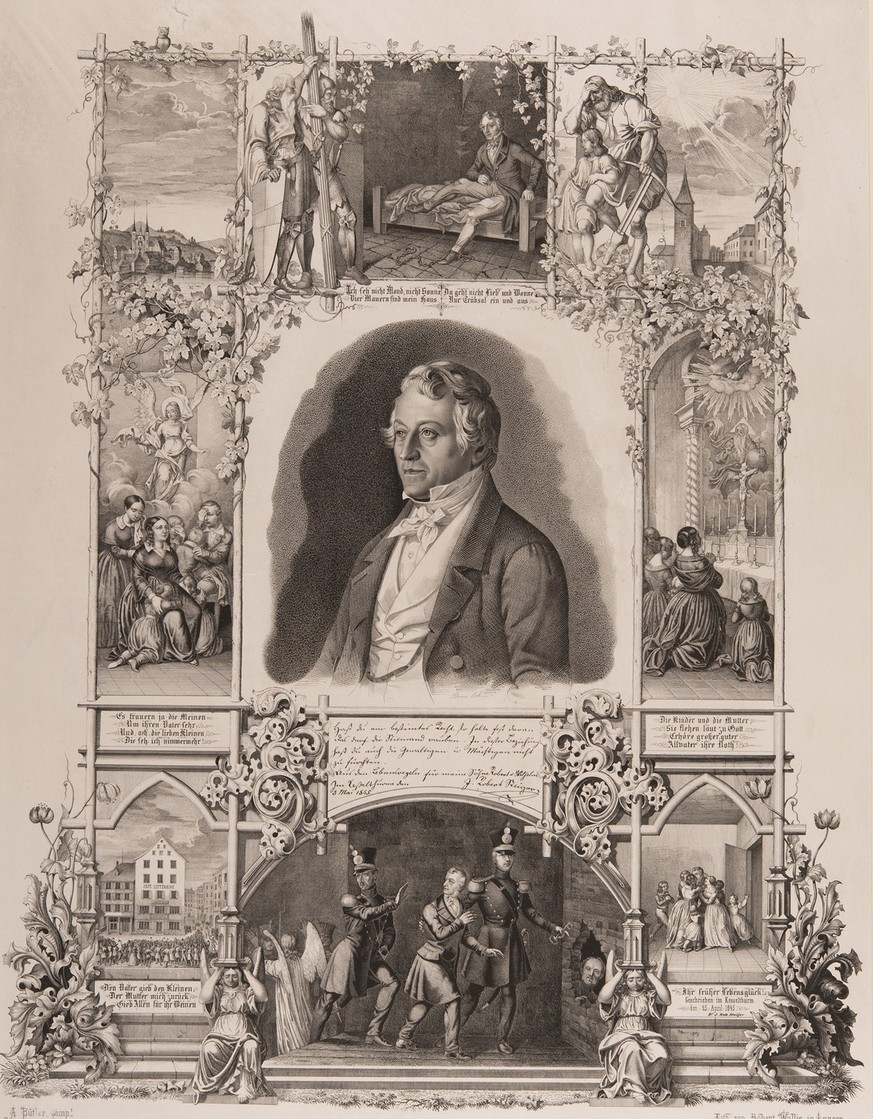 Die Druckgraphik von 1845 zeigt Robert Steigers Gefangenschaft und Befreiung aus dem Kerker im Kesselturm Luzern. Auf den Seiten sind Steigers Frau und Kinder abgebildet, die um seine Befreiung beten, ...
