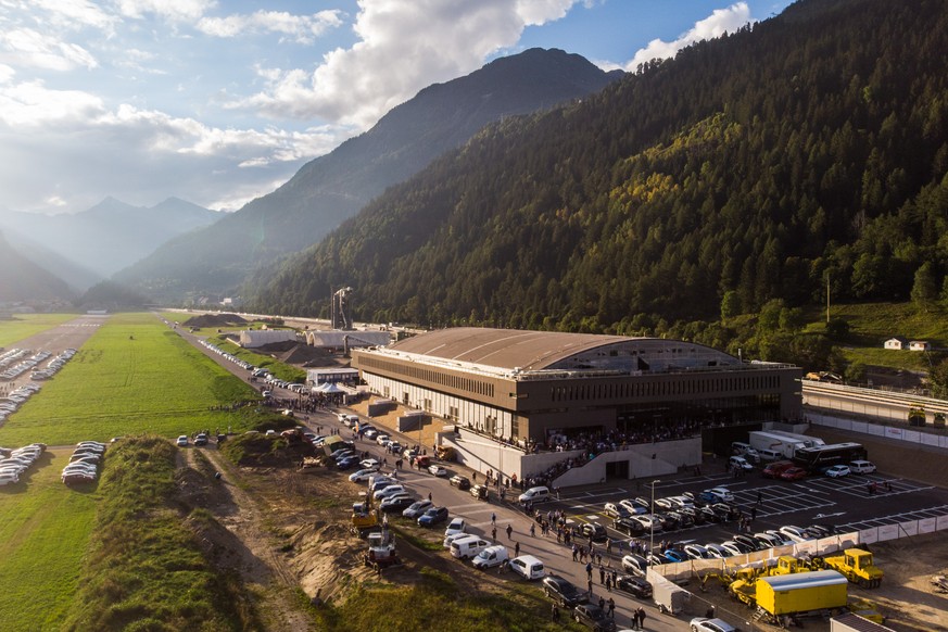 Aerial panoramic photo, new ice stadium Gottardo Arena that replaces the historic Valascia, during the match of National League Swiss Championship 2021/22 between HC Ambri Piotta and HC Fribourg-Gotte ...