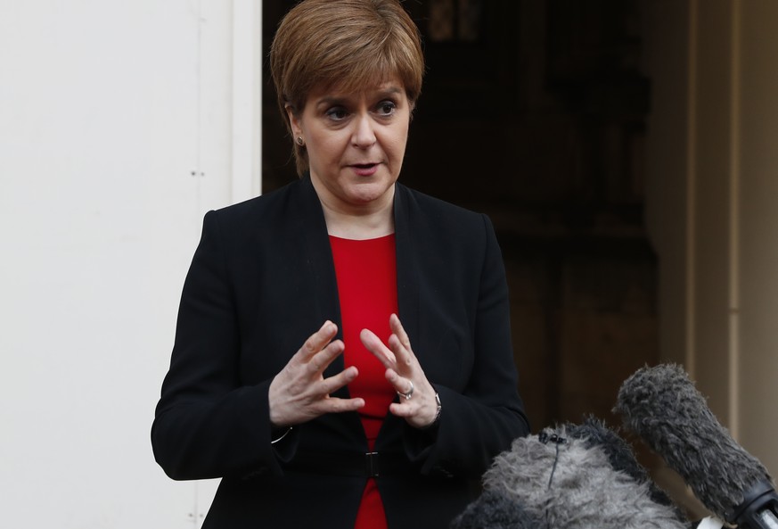 Scotland&#039;s First Minister Nicola Sturgeon speaks to the media outside the Houses of Parliament in London, Wednesday, April 3, 2019. With Britain racing toward a chaotic exit from the European Uni ...