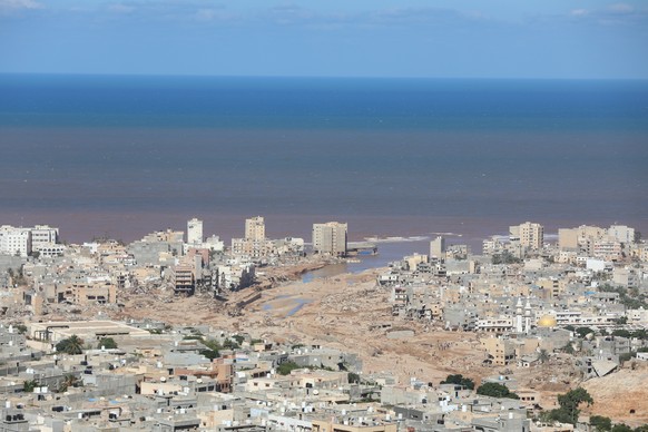 epa10859582 A general view of Derna, Eastern Libya, 13 September 2023, days after Storm Daniel brought heavy rains to the area resulting in the collapse of two dams and a flash flood which especially  ...