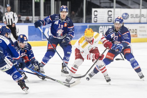 Der Lausanner PostFinance Top Scorer Denis Malgin, links, kaempft um den Puck gegen Zuerichs Roman Wick, rechts, im Eishockeyspiel der National League zwischen den ZSC Lions und dem Lausanne HC am Sam ...