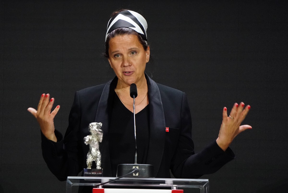 epa09268988 Director Maria Speth, winner of the International silver jury award for the movie 'Herr Bachmann und seine Klasse', addrtesses the participants after receiving her trophy during  ...
