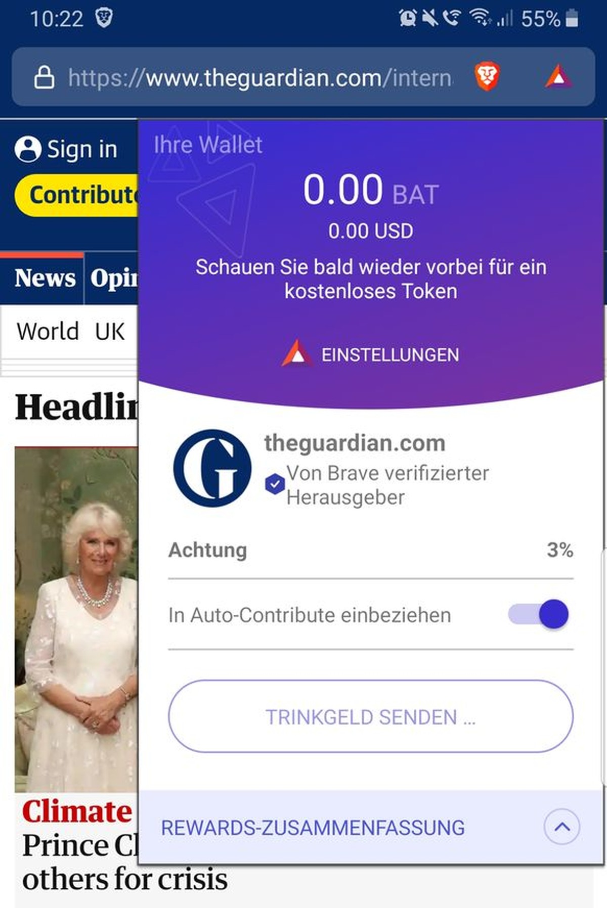 Das Überweisen eines Betrages funktioniert nur bei Webseiten, die sich bei Brave als Medium verifiziert haben.