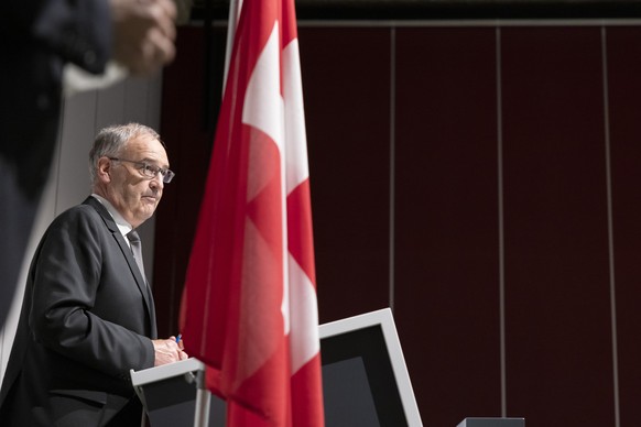 Swiss President Guy Parmelin speaks during a press conference after a meeting with United States President Joe Biden Tuesday, June 15, 2021, in Geneva, Switzerland. The meeting between US President Jo ...