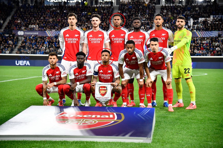 Arsenal vor einem Spiel der letzten Saison mit Gabriel Magalhães (o. M.), Gabriel Jesus (u. M.) und Gabriel Martinelli (u. r.) in der Startformation.
