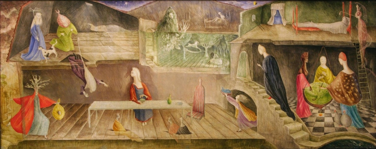 Leonora Carrington/ The House Opposite, 1945, tempera on board, 33 × 82 cm. Credit: Album