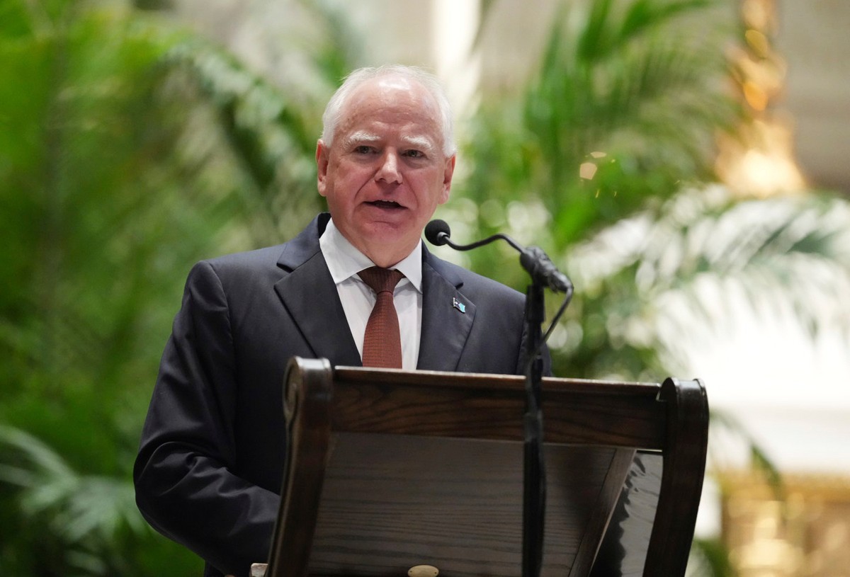Gov. Tim Walz delivers a eulogy during funeral services for Mark and Melissa Hortman at the Basilica of St. Mary in Minneapolis, Minn., on Saturday, June 28, 2025. (Alex Kormann/Star Tribune via AP, P ...
