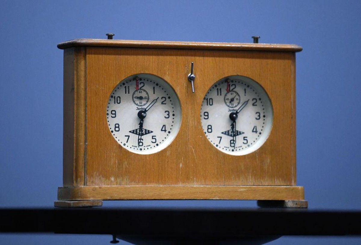 VLADIVOSTOK, RUSSIA - JANUARY 15, 2020: A chess clock is seen before a 2020 Women's World Chess Championship title match between China's Ju Wenjun and Russia's Aleksandra (Alexandra) Go ...