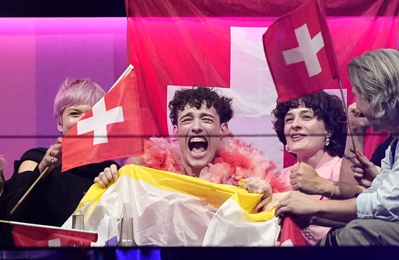 Nemo of Switzerland who performed the song The Code celebrates as the judges votes start to be announced during the Grand Final of the Eurovision Song Contest in Malmo, Sweden, Saturday, May 11, 2024. ...