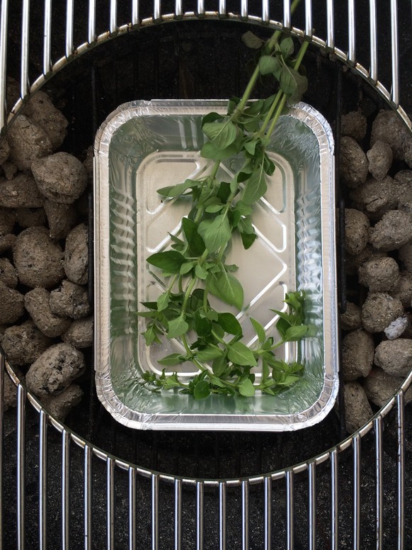 Indirektes Grillieren: Zwischen die Briketts gehört die Abtropfschale, halb gefüllt mit Wasser und einem Zweig Oregano.