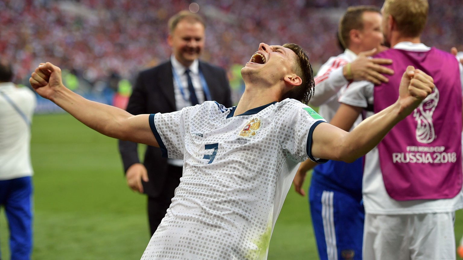 epa06855627 Ilya Kutepov of Russia reacts after winning the FIFA World Cup 2018 round of 16 soccer match between Spain and Russia in Moscow, Russia, 01 July 2018.

(RESTRICTIONS APPLY: Editorial Use ...