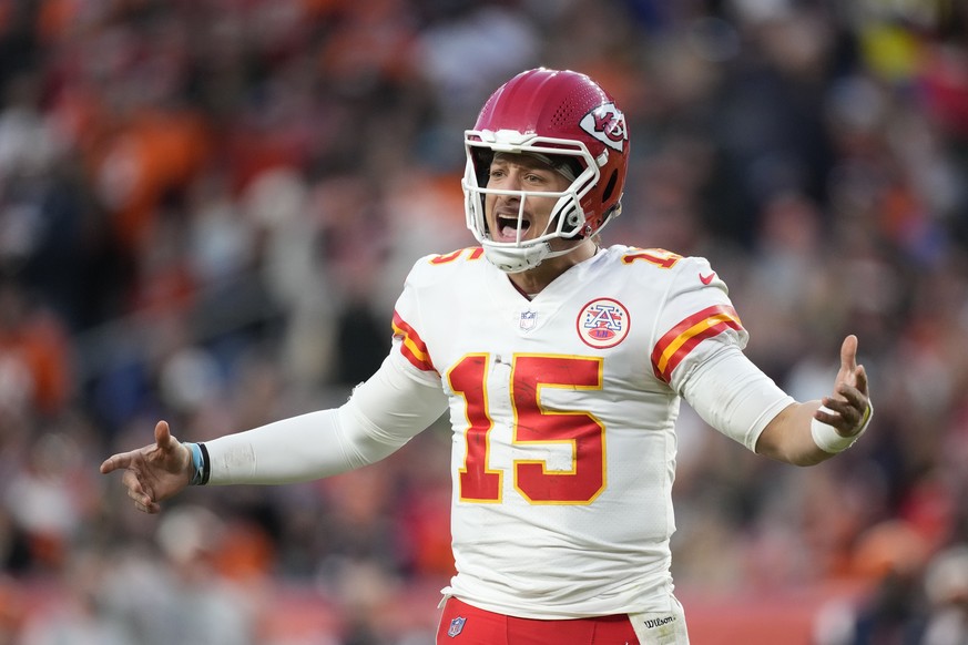 Kansas City Chiefs quarterback Patrick Mahomes yells on the field during the second half of an NFL football game against the Denver Broncos Sunday, Dec. 11, 2022, in Denver. (AP Photo/David Zalubowski ...