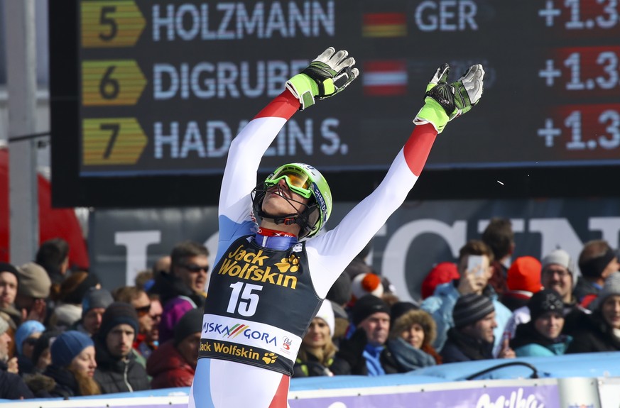 Switzerland&#039;s Ramon Zenhaeusern celebrates after completing an alpine ski, men&#039;s World Cup slalom in Kranjska Gora, Slovenia, Sunday, March 4, 2018. (AP Photo/Alessandro Trovati)