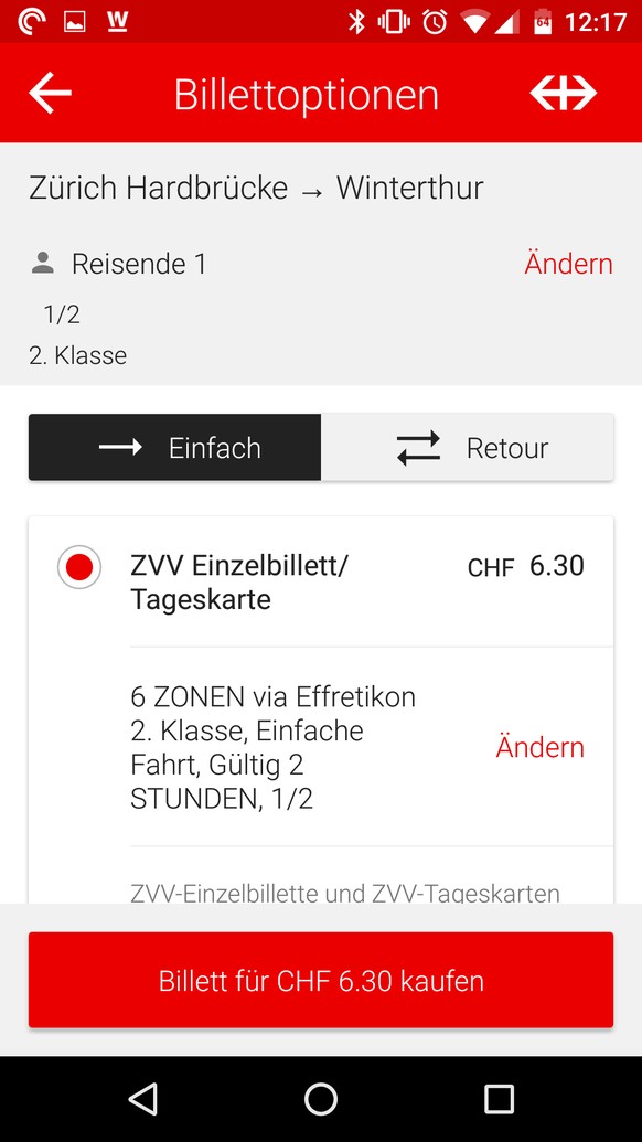 Ein Wisch auf den roten Balken genügt, um den Ticketkauf zu starten:&nbsp;Tickets bis 40 Franken können so bequem ohne Passworteingabe gekauft werden.&nbsp;