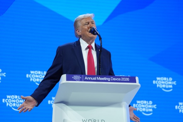 President Donald Trump addresses the audience during the Annual Meeting of the World Economic Forum in Davos, Switzerland, Wednesday, Jan. 21, 2026. (AP Photo/Evan Vucci)
Donald Trump