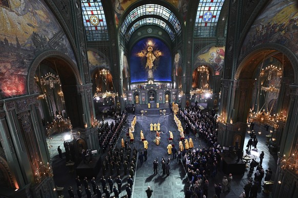 FILE - Russian Orthodox Church Patriarch Kirill, center, attends the consecrating of the country&#039;s new Cathedral of Russian Armed Forces in the Patriot Park outside Moscow, on Sunday, June 14, 20 ...