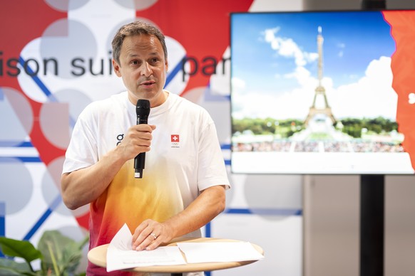 Swiss Olympic Chef de Mission Ralph Stoeckli speaks during the swiss olympic final media conference at the 2024 Paris Summer Olympics, in Paris, France, Sunday, August 11, 2024. (KEYSTONE/Anthony Anex ...