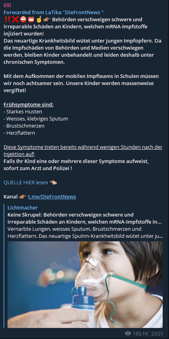 Die Nachricht über die «irreparablen Schäden an Kindern» verbreitet sich in den Telegram-Chats wie ein Lauffeuer.