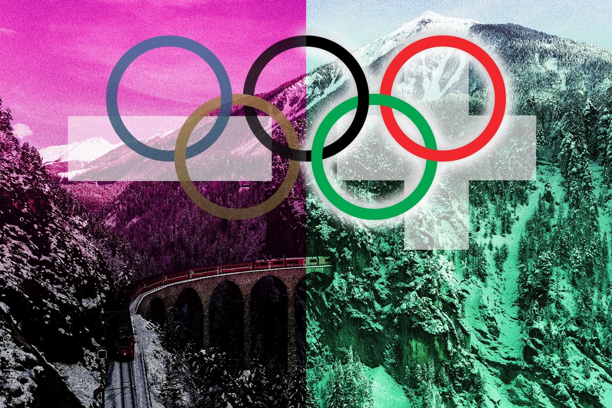 Fotomontage zeigt Landwasserviadukt im Hintergrund. Davor einmal kaputte und ganze olympische Ringe. Sie symbolisieren Zustimmung oder Ablehnung der olympischen Kandidatur der Schweiz.