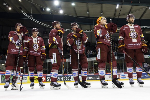 Geneve-Servette&#039;s players, form left to right, forward Tanner Richard, defender Henrik Toemmernes, forward Linus Omark, forward Teemu Hartikainen, forward Valtteri Filppula, and forward Daniel Wi ...