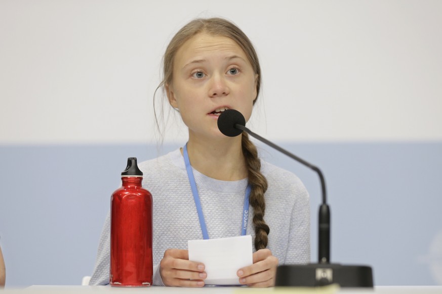 Climate activist Greta Thunberg speaks during a news conference at the COP25 climate summit in Madrid, Spain, Monday, Dec. 9, 2019. Thunberg is in Madrid where a global U.N.-sponsored climate change c ...